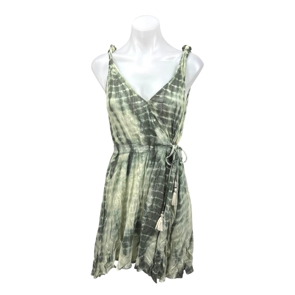 Band of Gypsies Green Metallic Tie Dye Sleeveless Mini Fit & Flare Wrap Dress S
